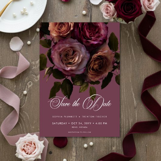 Save The Date Elegant Moody Soft Rust & Burgundy Floral Wedding
