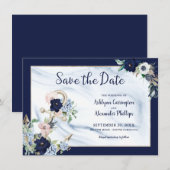 Save The Date Elégant Nautique Floral Ancre Marine Bleu (Devant / Derrière)