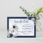 Save The Date Elégant Nautique Floral Ancre Marine Bleu (Debout devant)