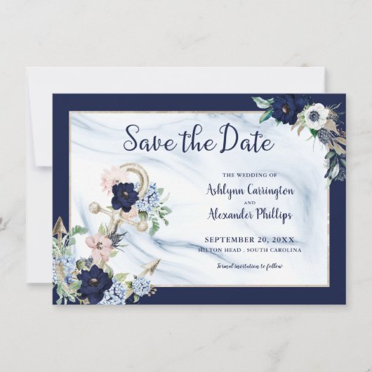 Save The Date Elégant Nautique Floral Ancre Marine Bleu (Devant)