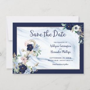 Save The Date Elégant Nautique Floral Ancre Marine Bleu