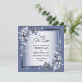 Save The Date Elegant Navy Blue Floral Framed Silver Wedding (Debout devant)