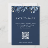Save The Date Elegant Navy Blue Floral Photo & QR Code Wedding  (Dos)