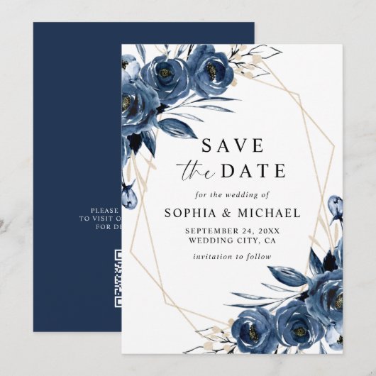 Save The Date Elegant Navy Blue Flowers & QR Code Wedding  (Devant / Derrière)
