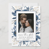 Save The Date Elegant Navy Blue Script Photo Floral Wedding (Devant)