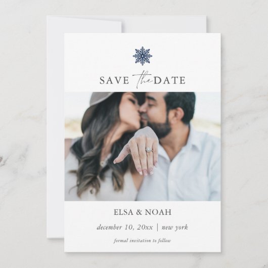 Save The Date Elegant Navy Blue Snowflake deux photos mariage (Devant)