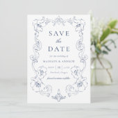 Save The Date Elegant Navy Ornate Floral Frame Wedding (Debout devant)