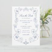 Save The Date Elegant Navy Ornate Floral Frame Wedding (Debout devant)