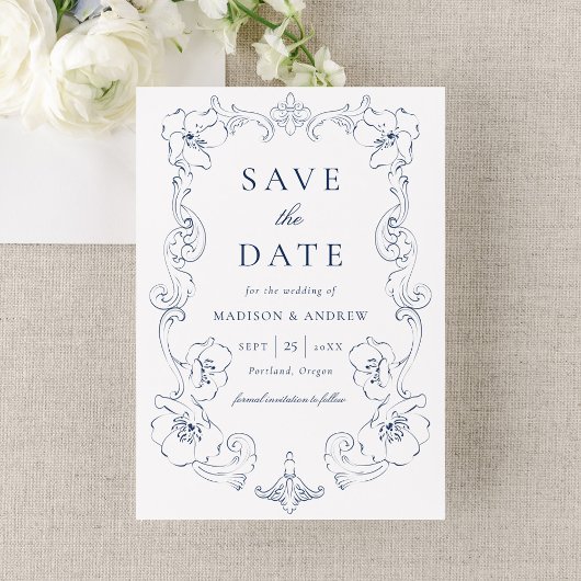 Save The Date Elegant Navy Ornate Floral Frame Wedding