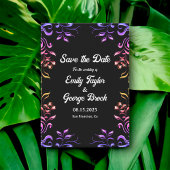 Save The Date Elégant Neon Lumières Rose Black Floral Mariage