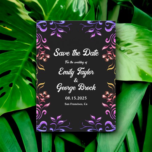 Save The Date Elégant Neon Lumières Rose Black Floral Mariage