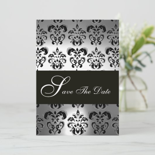 Save The Date ÉLÉGANT NOIR BLACÉ GRAY DAMASK Mariage MONOGRAM (Debout devant)