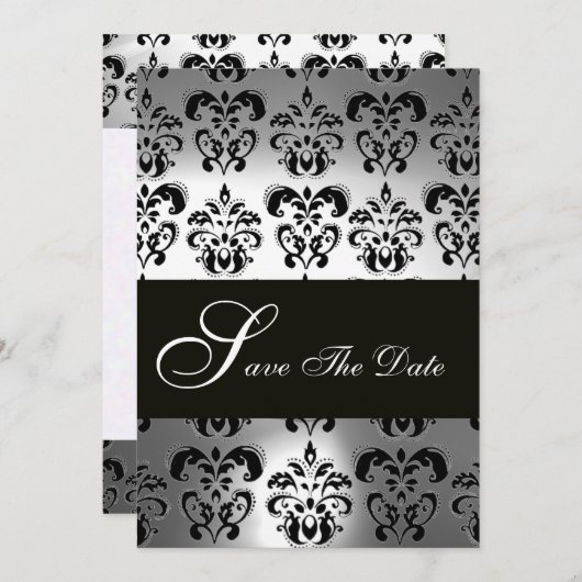 Save The Date ÉLÉGANT NOIR BLACÉ GRAY DAMASK Mariage MONOGRAM (Devant / Derrière)