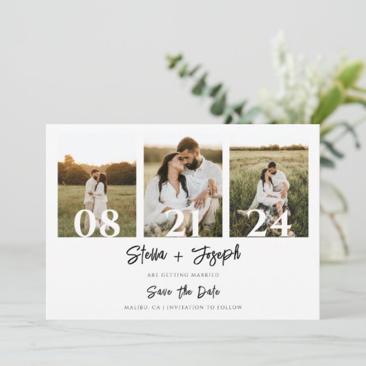 Save The Date Elégant noir & blanc moderne Trois photos Mariage (Debout devant)