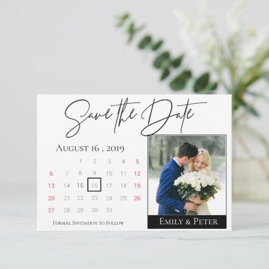 Save The Date Élégant noir blanc Script Calendrier Mariage Photo (Debout devant)