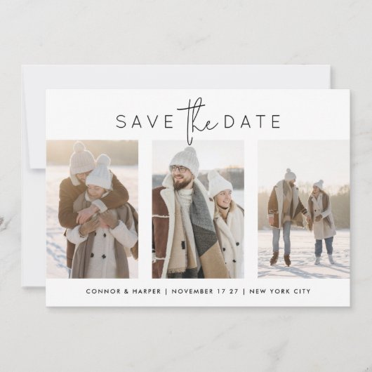 Save The Date Élégant noir blanc Script Multi 3 Photo (Devant)