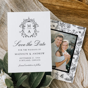 Save The Date Élégant noir Chinoiserie Floral Photo Mariage