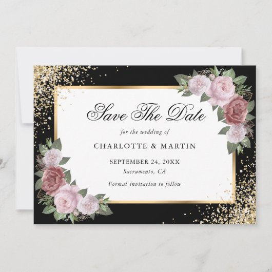 Save The Date Élégant Noir Confetti Blush Floral Mariage (Devant)