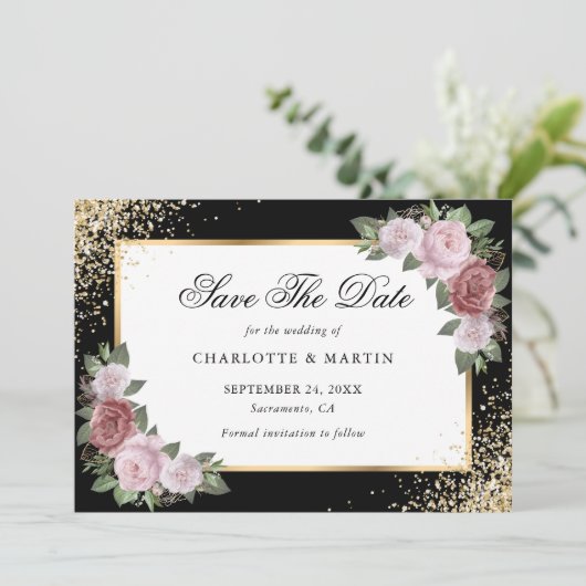 Save The Date Élégant Noir Confetti Blush Floral Mariage (Debout devant)