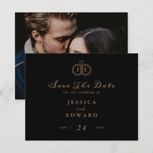 Save The Date Élégant noir de luxe bague Monogramme photo (Devant / Derrière)
