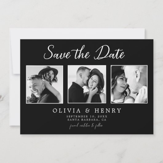 Save The Date Élégant noir et blanc Script 3 Mariage photo (Devant)