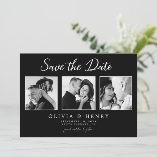 Save The Date Élégant noir et blanc Script 3 Mariage photo (Debout devant)