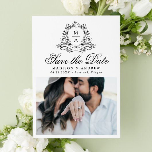 Save The Date Élégant noir floral Crest Monogramme Mariage photo
