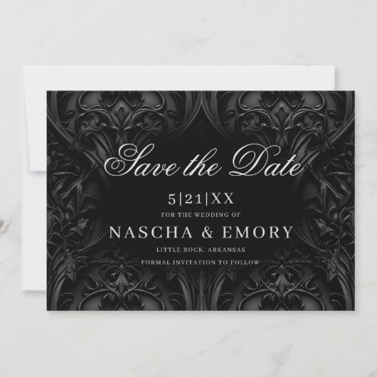 Save The Date Élégant noir gothique Damask Moody Mariage (Devant)