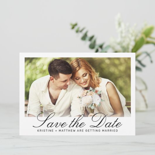 Save The Date Élégant noir noir calligraphie Mariage photo (Debout devant)