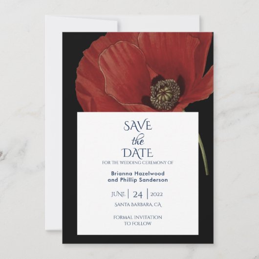 Save The Date Elégant Noir Rouge Poppy Mariage Enregistrer La Da (Devant)