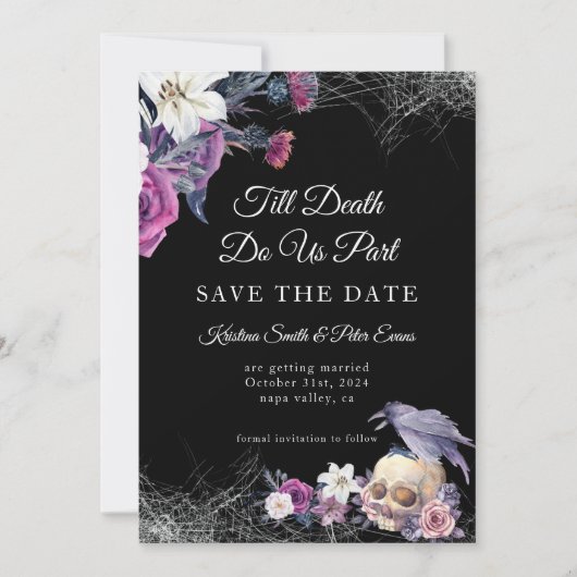 Save The Date Élégant noir violet gothique Mariage crâne floral (Devant)