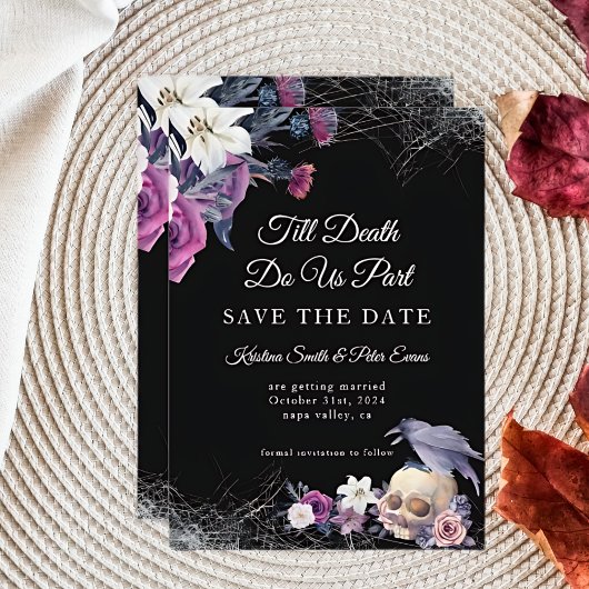 Save The Date Élégant noir violet gothique Mariage crâne floral