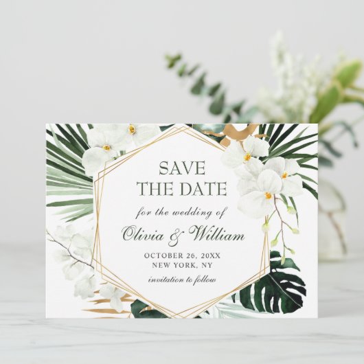 Save The Date Elégant Oasis Orchid Bohemian Green Mariage (Debout devant)