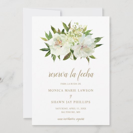 Save The Date Elégant or blanc Floral moderne Mariage espagnol (Devant)