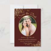 Save The Date Elegant Or dentelle et photo Auburn Brown Mariage (Devant)