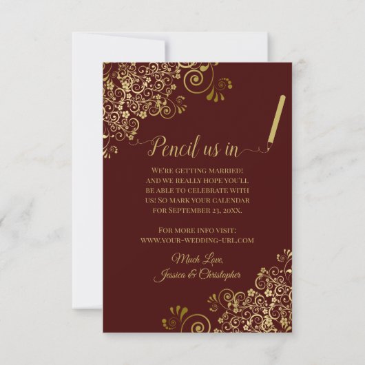 Save The Date Elegant Or dentelle et photo Auburn Brown Mariage (Dos)