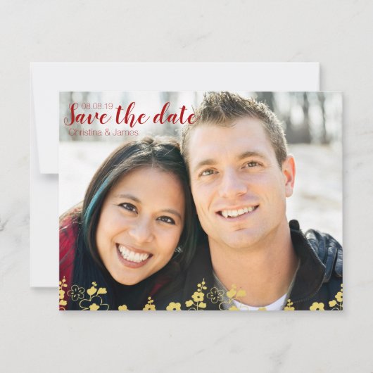 Save The Date Elégant or et blanc cerise fleurs Oriental (Devant)