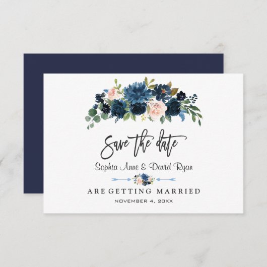 Save The Date Elégant or Marine Blue Blush Flowers écriture manu (Devant / Derrière)