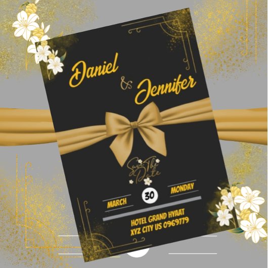 Save The Date Élégant Or & Noir Avec Fleurs Blanches Mariage