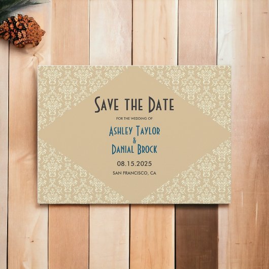 Save The Date Élégant Ornate Damask Script Beige Classic Mariage