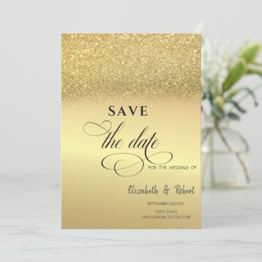 Save The Date Élégant paillettes dorées Bokeh Mariage Enregistre (Debout devant)