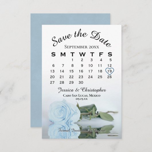 Save The Date Élégant Pale Dusty Blue Rose Calendrier Mariage (Devant / Derrière)