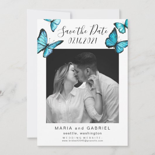 Save The Date Élégant papillon bleu. Mariage photo mariage (Devant)