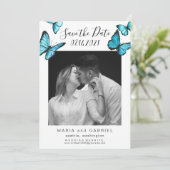 Save The Date Élégant papillon bleu. Mariage photo mariage (Debout devant)