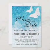 Save The Date Élégant Papillon Parties scintillant Bleu Enregist (Devant)