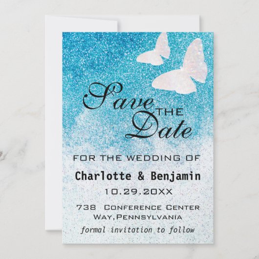 Save The Date Élégant Papillon Parties scintillant Bleu Enregist (Devant)