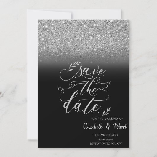 Save The Date Elégant Parties scintillant Argent Bokeh Black Enr (Devant)