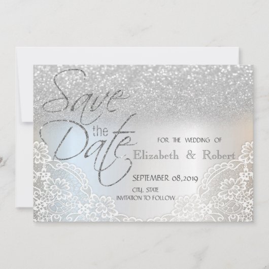 Save The Date Elégant Parties scintillant Argent Bokeh, Dentelle (Devant)