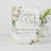 Save The Date Élégant Parties scintillant rose or Roses Mariage (Debout devant)