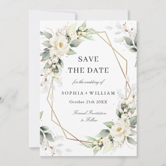 Save The Date Elégant Pastel White Roses Eucalyptus Mariage (Devant)